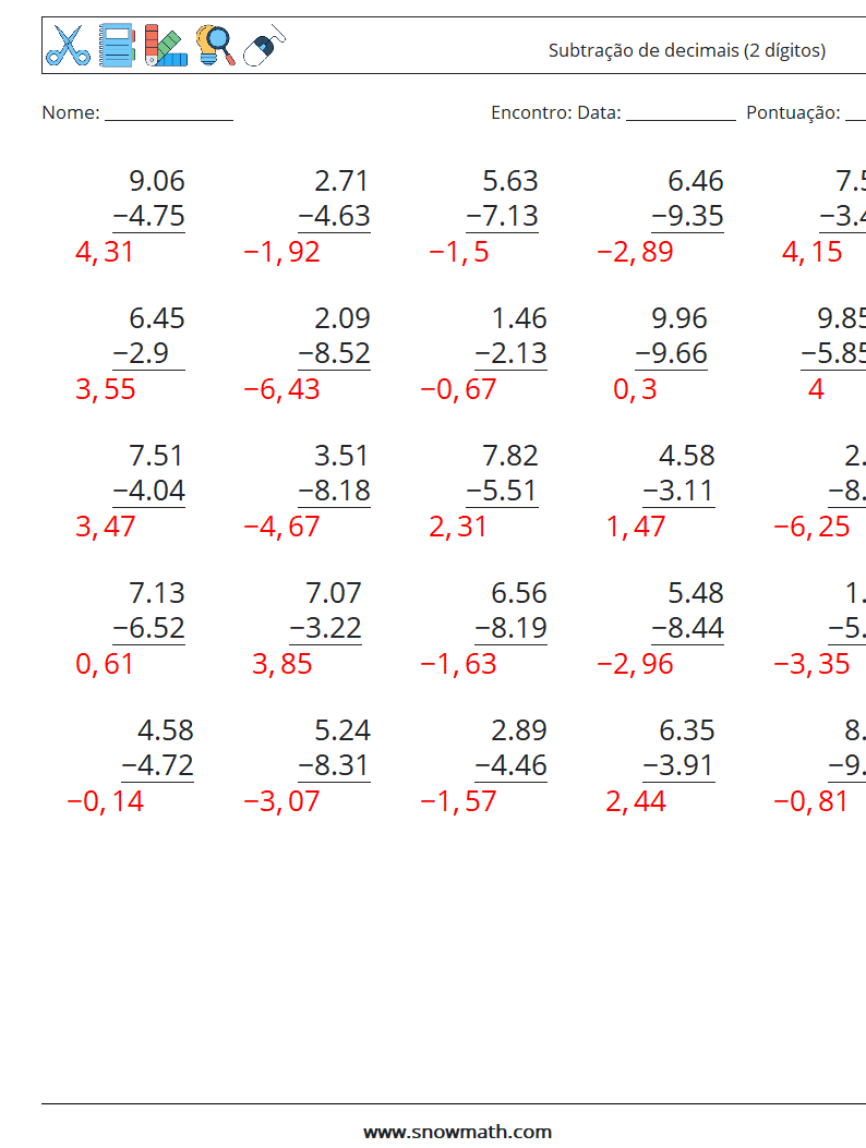 (25) Subtração de decimais (2 dígitos) planilhas matemáticas 6 Pergunta, Resposta