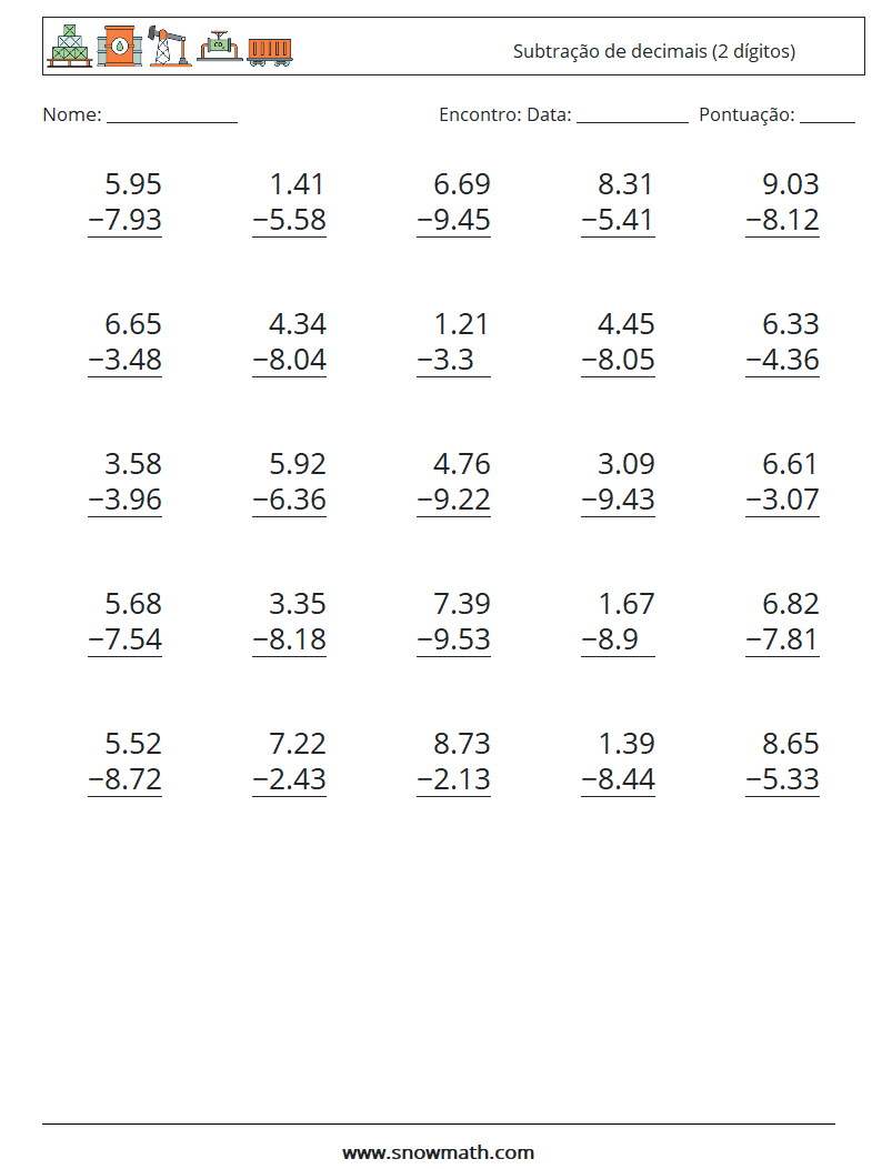 (25) Subtração de decimais (2 dígitos) planilhas matemáticas 7