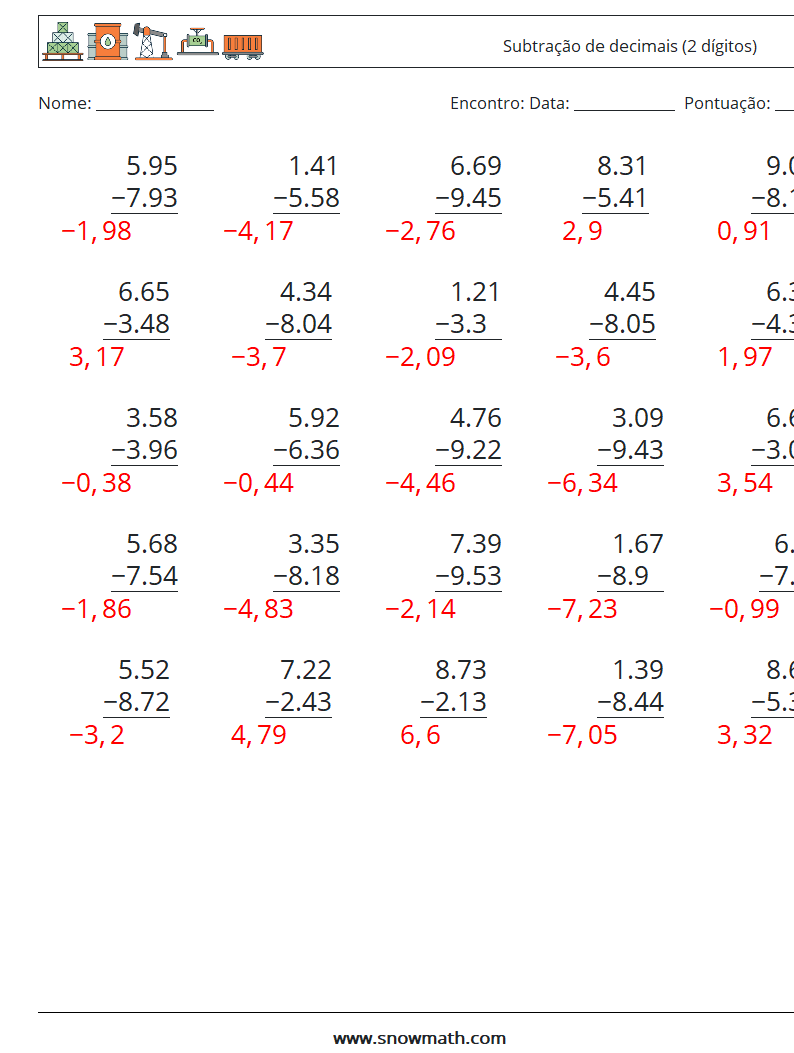 (25) Subtração de decimais (2 dígitos) planilhas matemáticas 7 Pergunta, Resposta