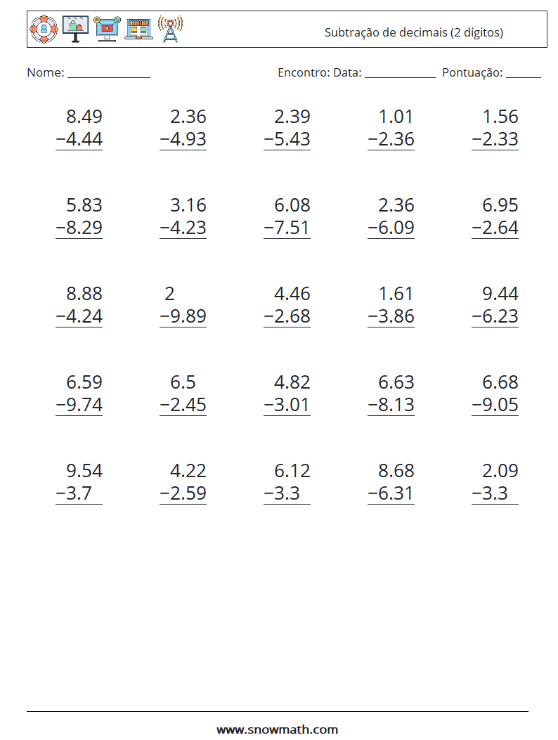 (25) Subtração de decimais (2 dígitos) planilhas matemáticas 8