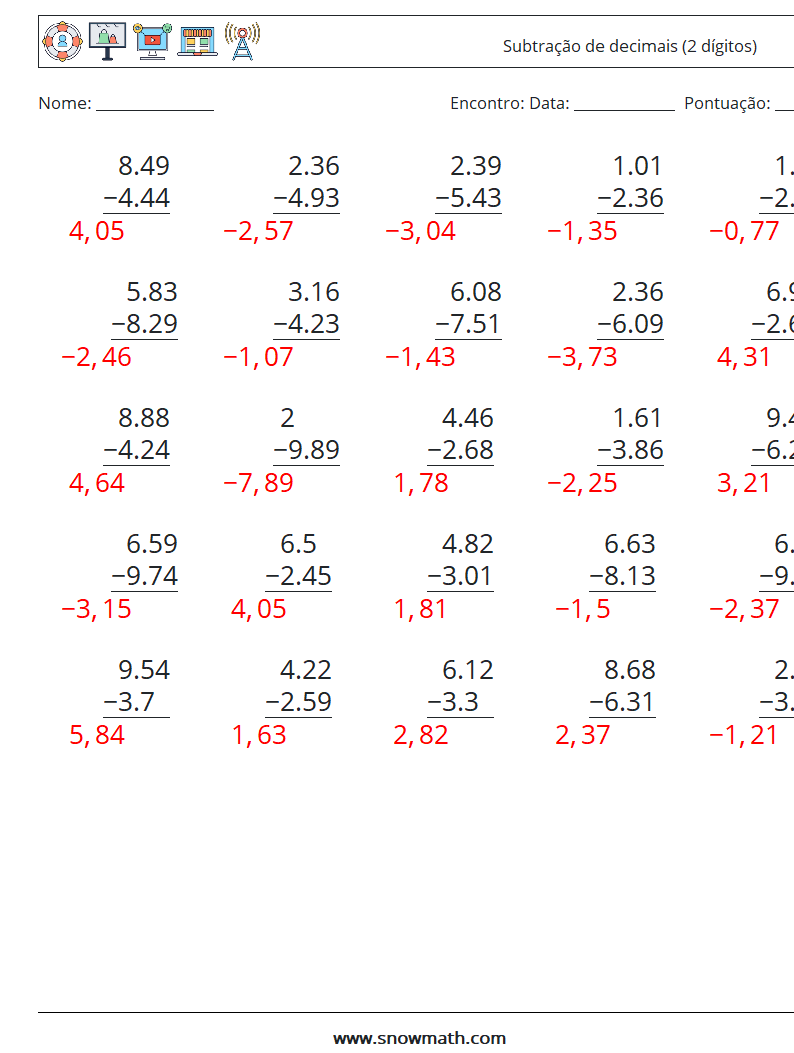 (25) Subtração de decimais (2 dígitos) planilhas matemáticas 8 Pergunta, Resposta