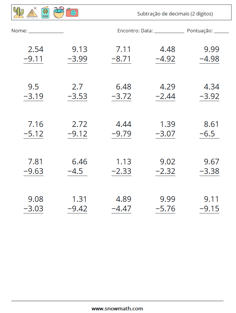 (25) Subtração de decimais (2 dígitos) planilhas matemáticas 9