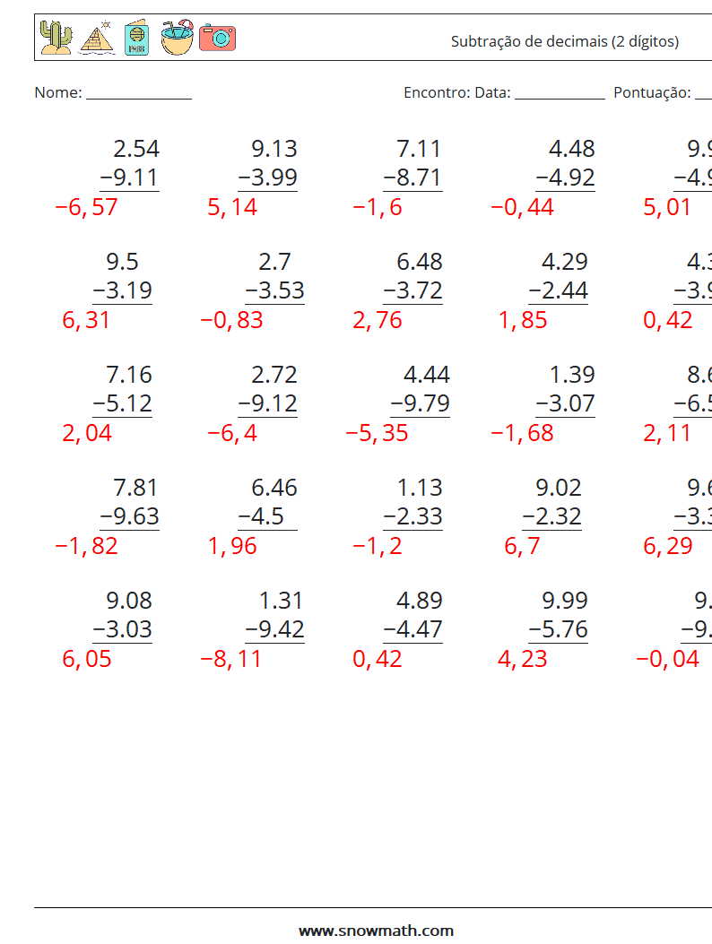 (25) Subtração de decimais (2 dígitos) planilhas matemáticas 9 Pergunta, Resposta