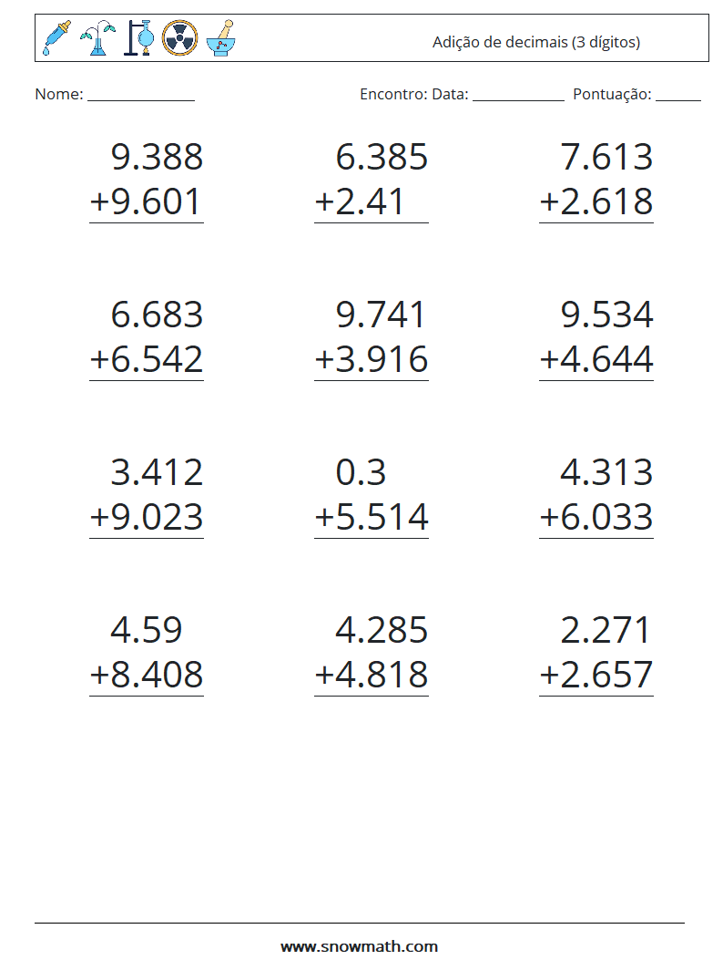 (12) Adição de decimais (3 dígitos) planilhas matemáticas 10