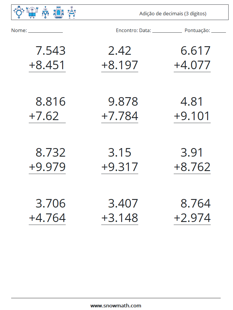 (12) Adição de decimais (3 dígitos) planilhas matemáticas 11