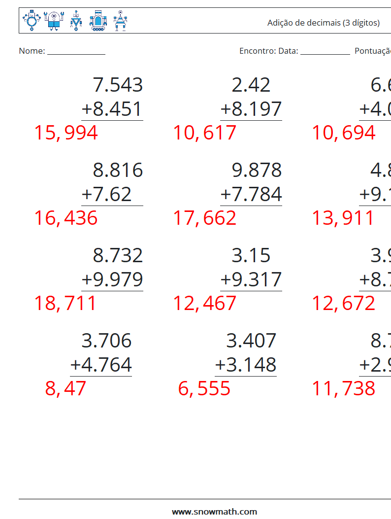 (12) Adição de decimais (3 dígitos) planilhas matemáticas 11 Pergunta, Resposta