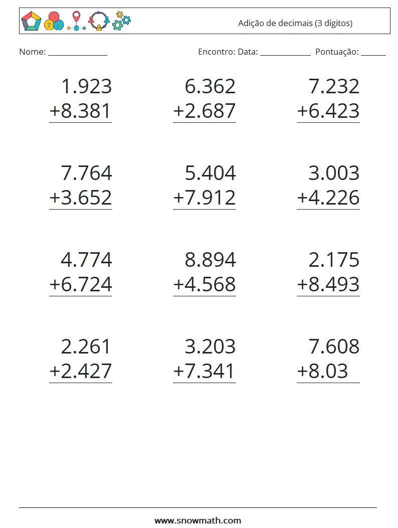 (12) Adição de decimais (3 dígitos) planilhas matemáticas 12