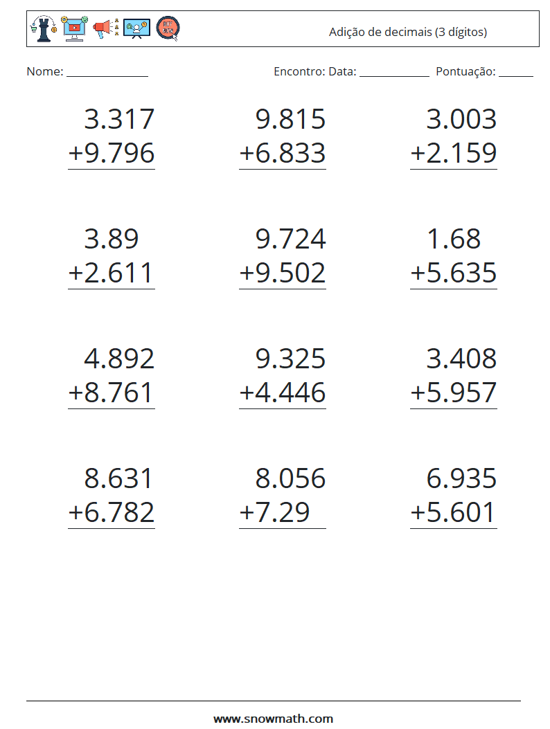 (12) Adição de decimais (3 dígitos) planilhas matemáticas 13