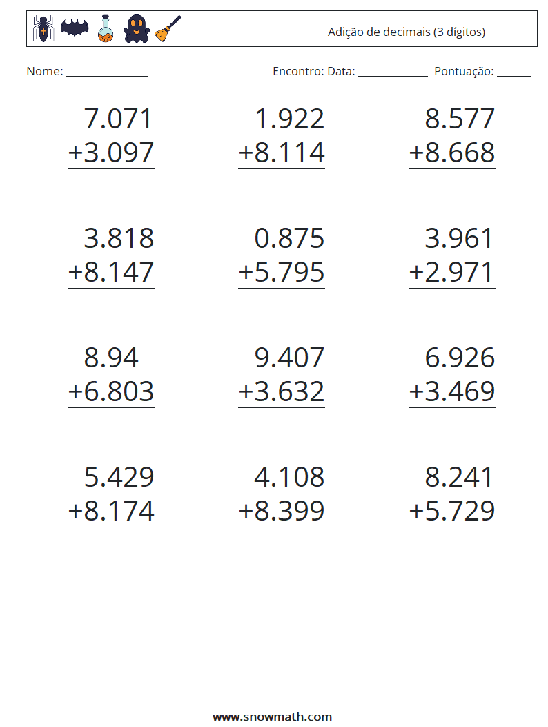 (12) Adição de decimais (3 dígitos) planilhas matemáticas 14