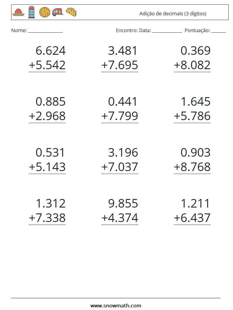 (12) Adição de decimais (3 dígitos) planilhas matemáticas 16