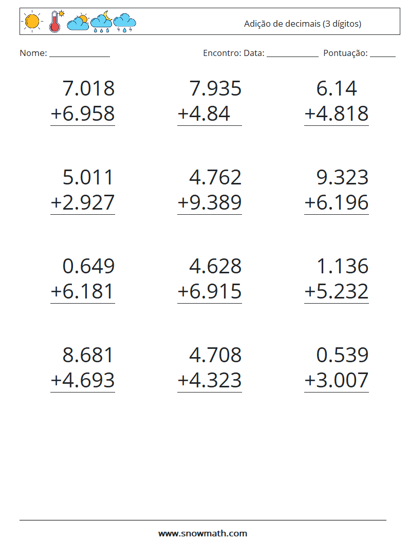 (12) Adição de decimais (3 dígitos) planilhas matemáticas 17