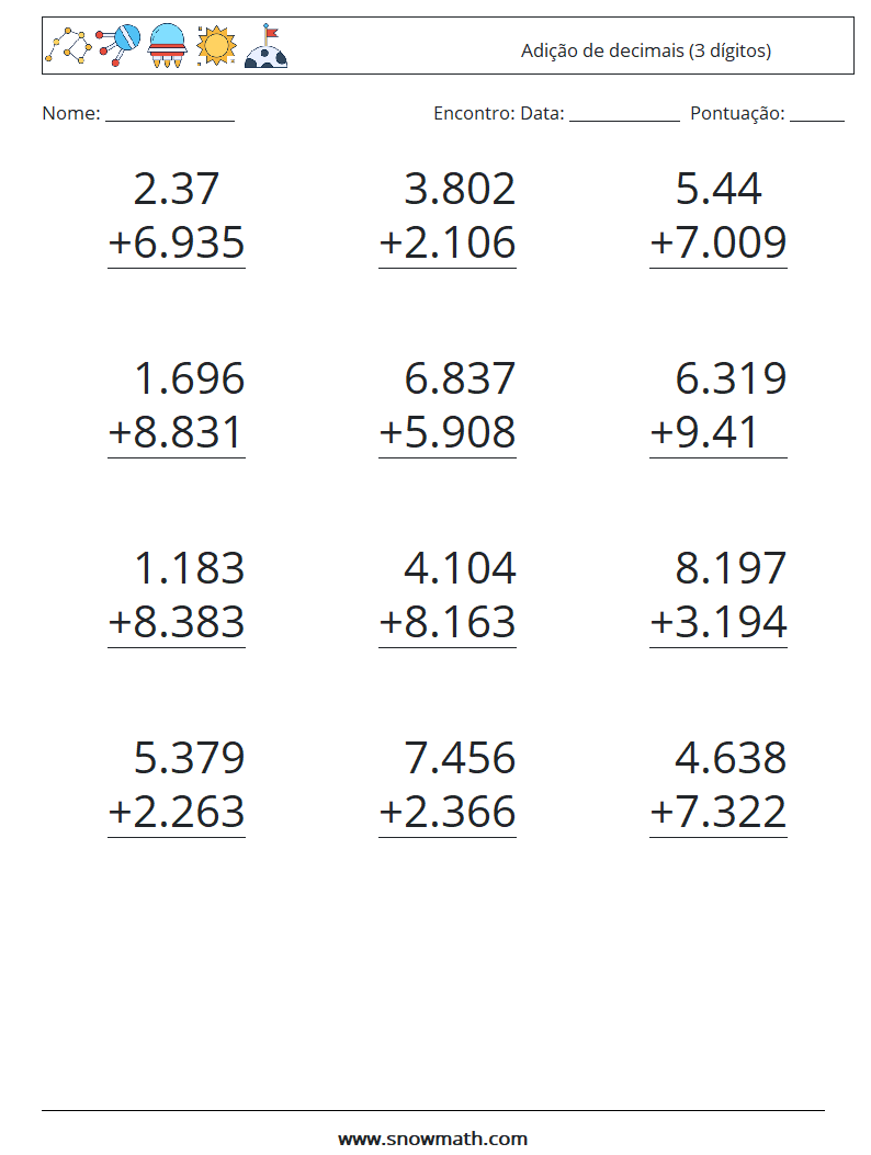 (12) Adição de decimais (3 dígitos) planilhas matemáticas 18