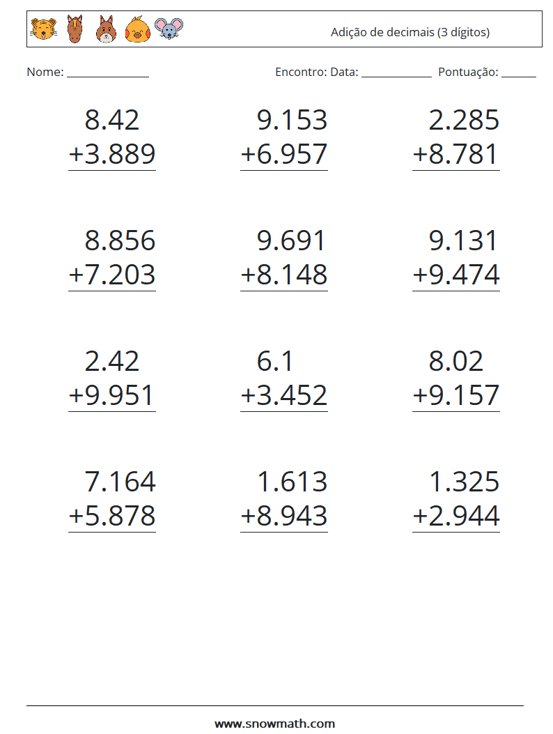 (12) Adição de decimais (3 dígitos) planilhas matemáticas 2