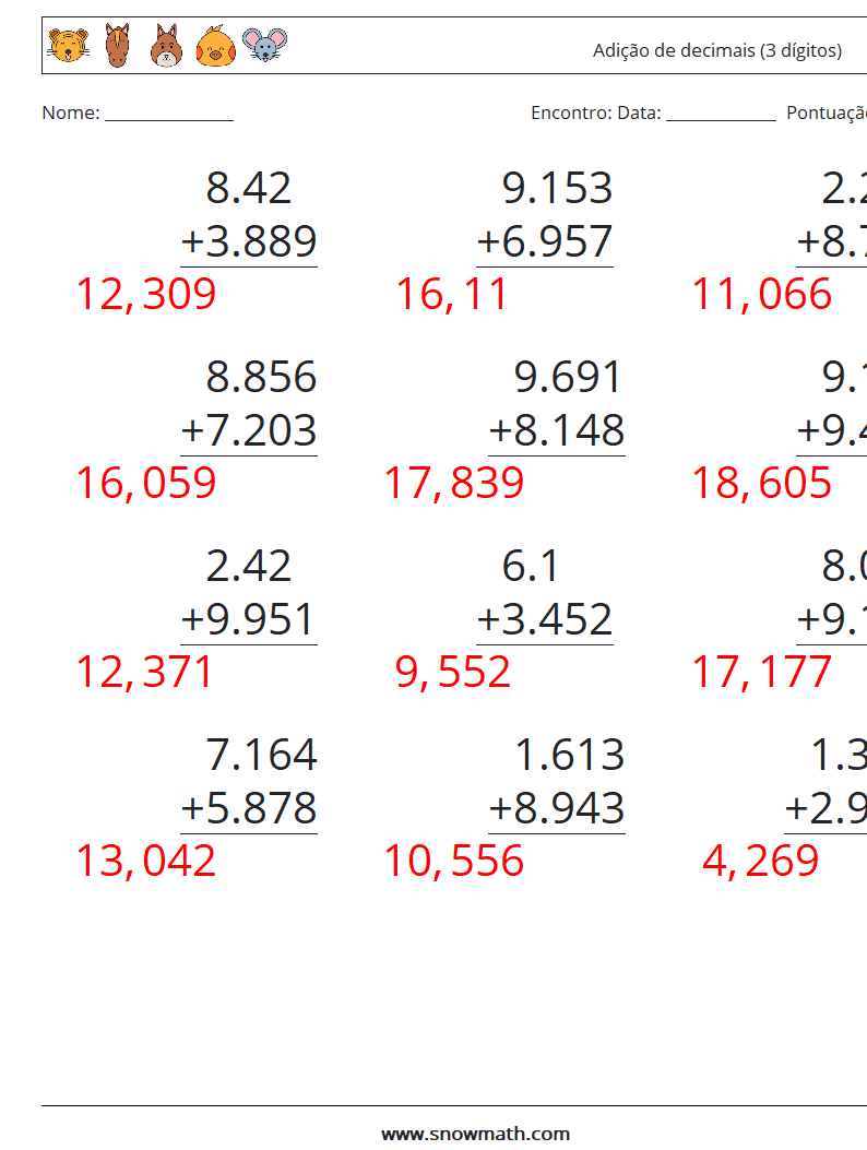 (12) Adição de decimais (3 dígitos) planilhas matemáticas 2 Pergunta, Resposta