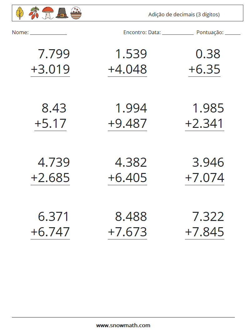 (12) Adição de decimais (3 dígitos) planilhas matemáticas 4