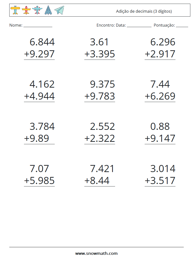 (12) Adição de decimais (3 dígitos) planilhas matemáticas 5