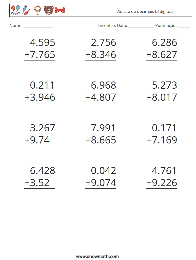 (12) Adição de decimais (3 dígitos) planilhas matemáticas 6