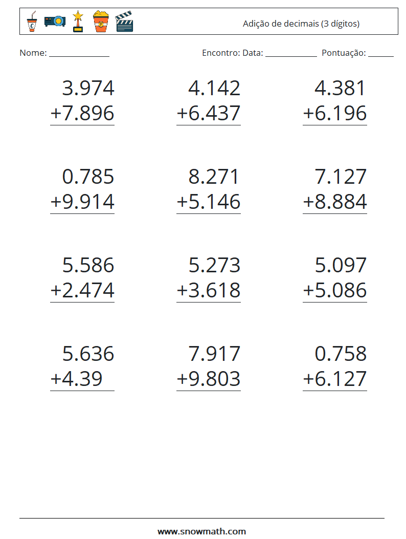 (12) Adição de decimais (3 dígitos) planilhas matemáticas 8