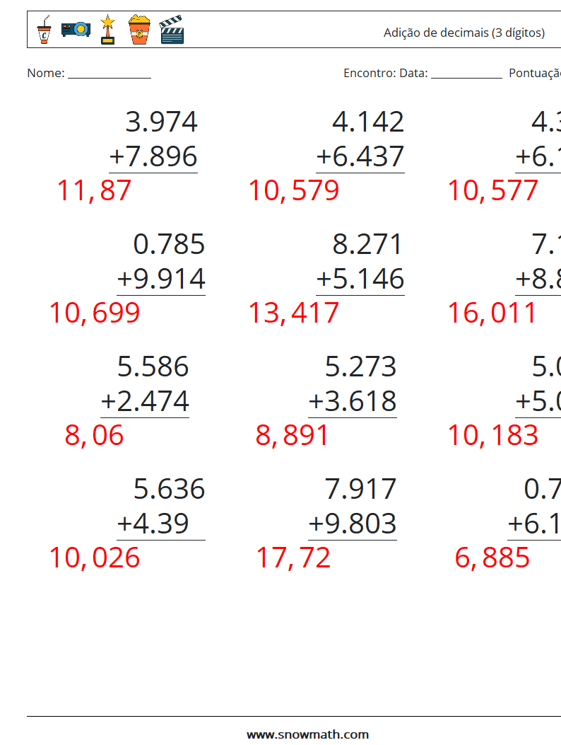 (12) Adição de decimais (3 dígitos) planilhas matemáticas 8 Pergunta, Resposta