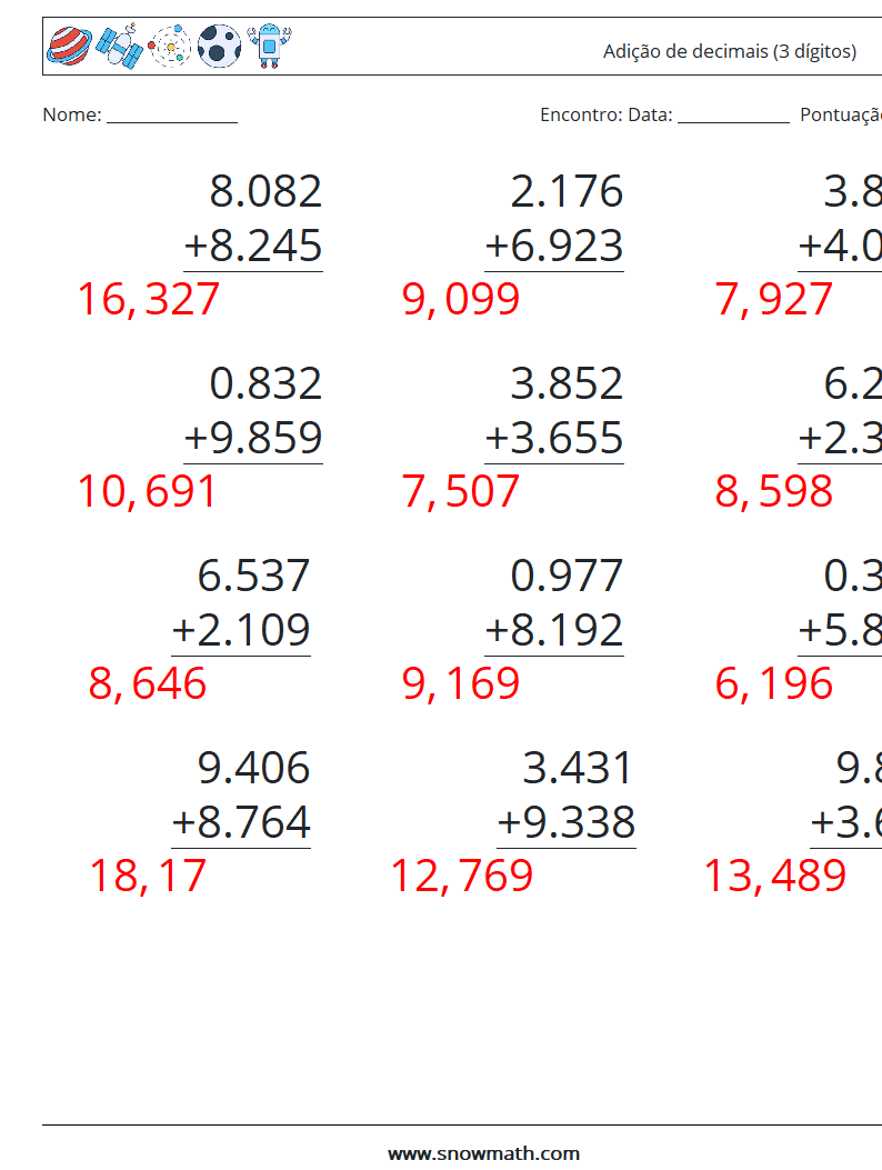 (12) Adição de decimais (3 dígitos) planilhas matemáticas 9 Pergunta, Resposta