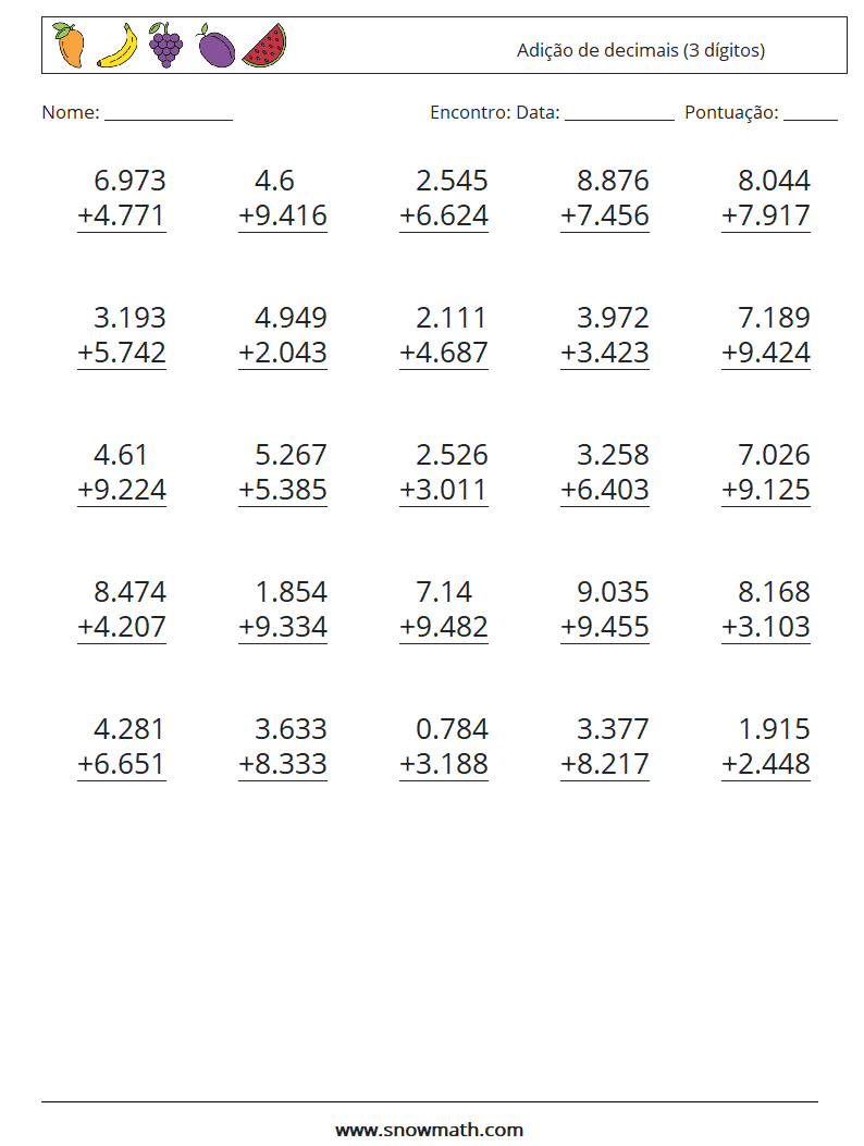 (25) Adição de decimais (3 dígitos) planilhas matemáticas 1