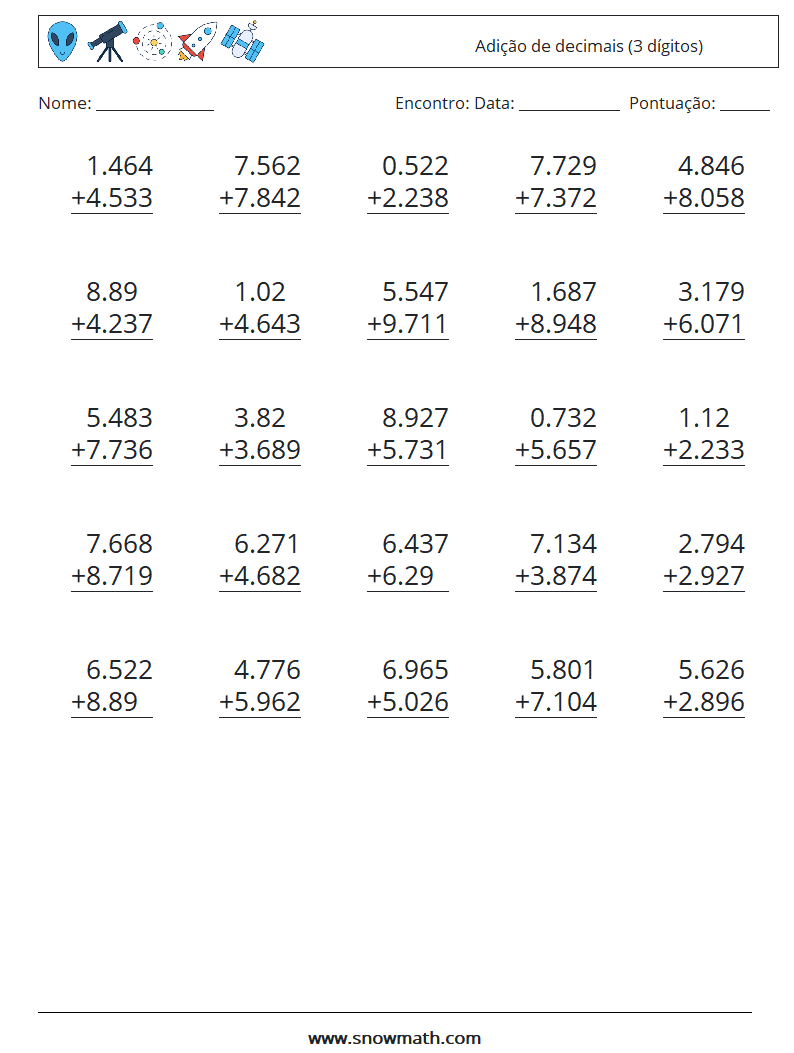 (25) Adição de decimais (3 dígitos) planilhas matemáticas 11