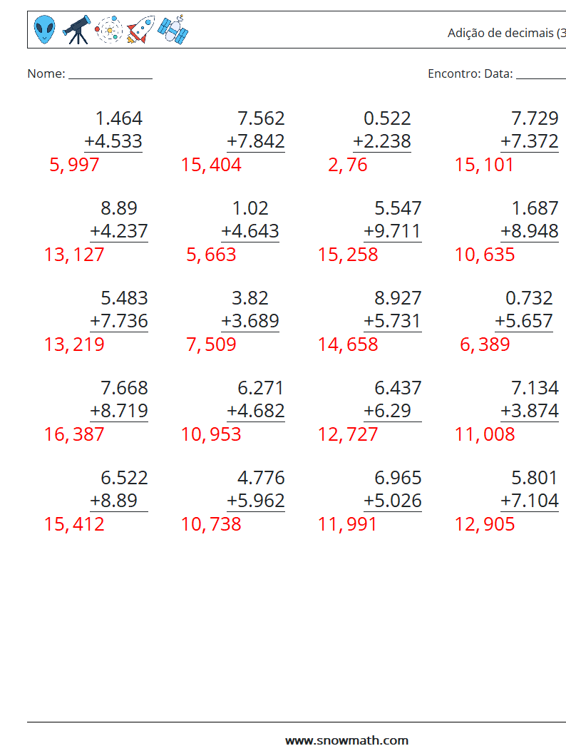 (25) Adição de decimais (3 dígitos) planilhas matemáticas 11 Pergunta, Resposta