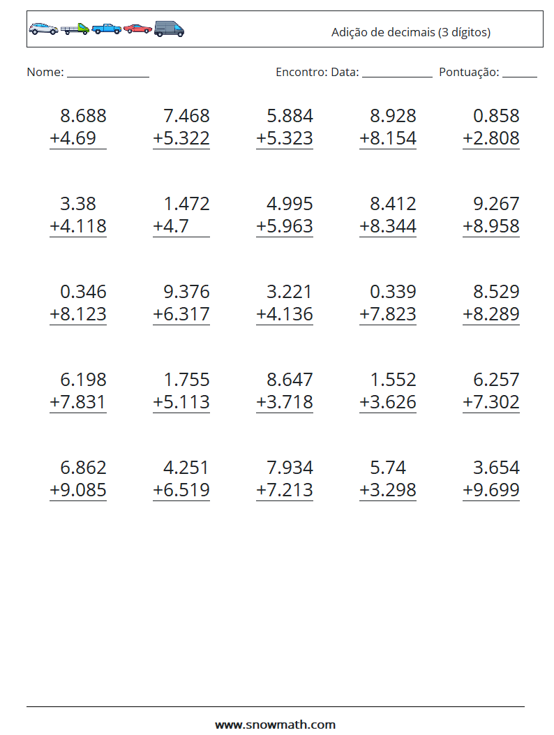 (25) Adição de decimais (3 dígitos) planilhas matemáticas 12