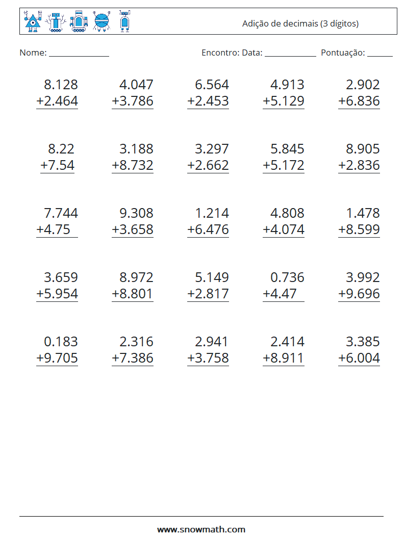 (25) Adição de decimais (3 dígitos) planilhas matemáticas 13