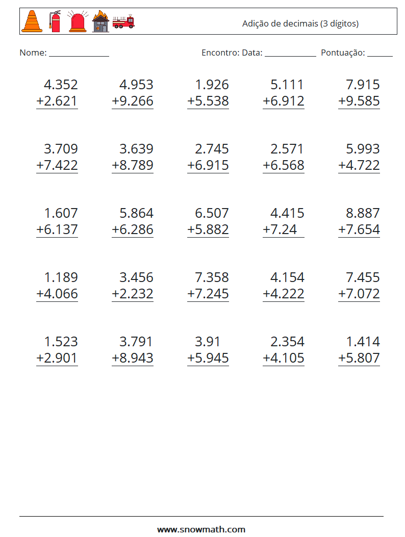 (25) Adição de decimais (3 dígitos) planilhas matemáticas 14