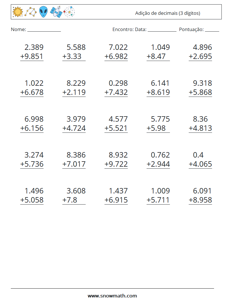 (25) Adição de decimais (3 dígitos) planilhas matemáticas 16