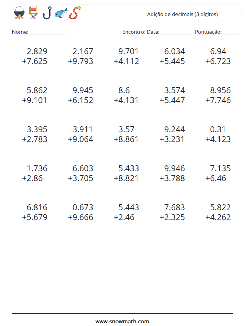 (25) Adição de decimais (3 dígitos) planilhas matemáticas 17