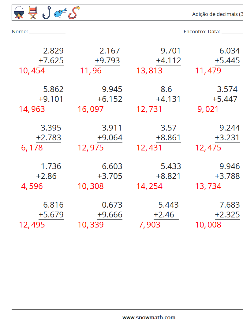 (25) Adição de decimais (3 dígitos) planilhas matemáticas 17 Pergunta, Resposta