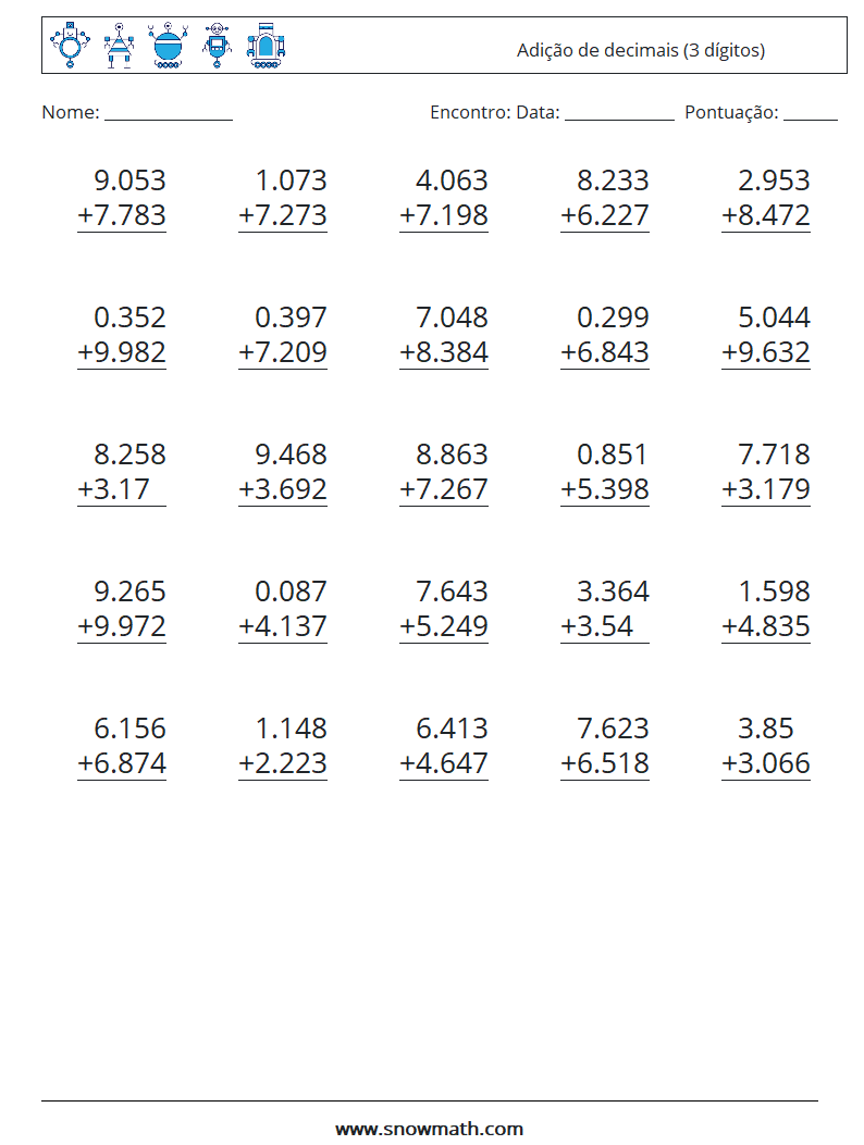 (25) Adição de decimais (3 dígitos) planilhas matemáticas 18