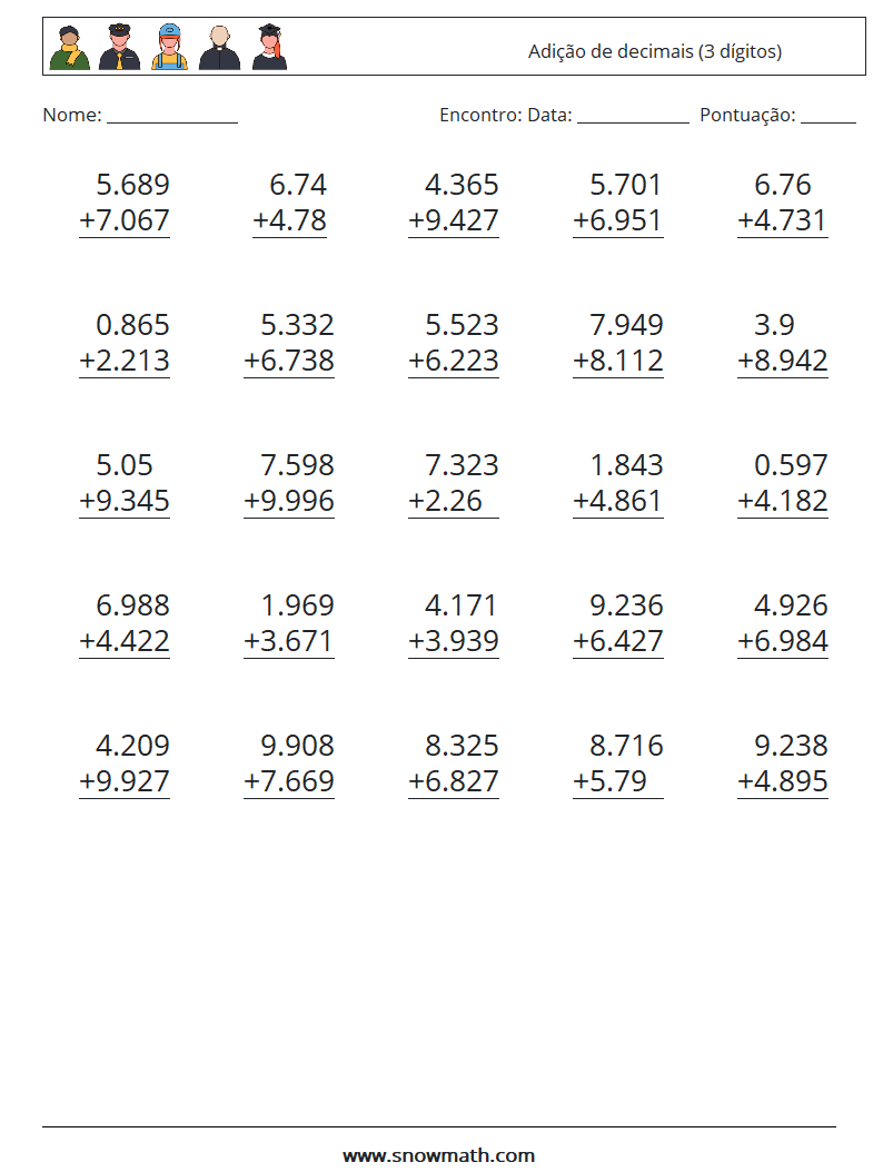 (25) Adição de decimais (3 dígitos) planilhas matemáticas 2