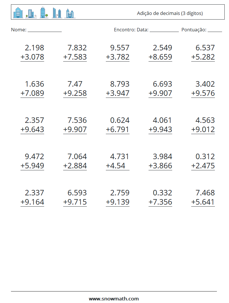 (25) Adição de decimais (3 dígitos) planilhas matemáticas 3