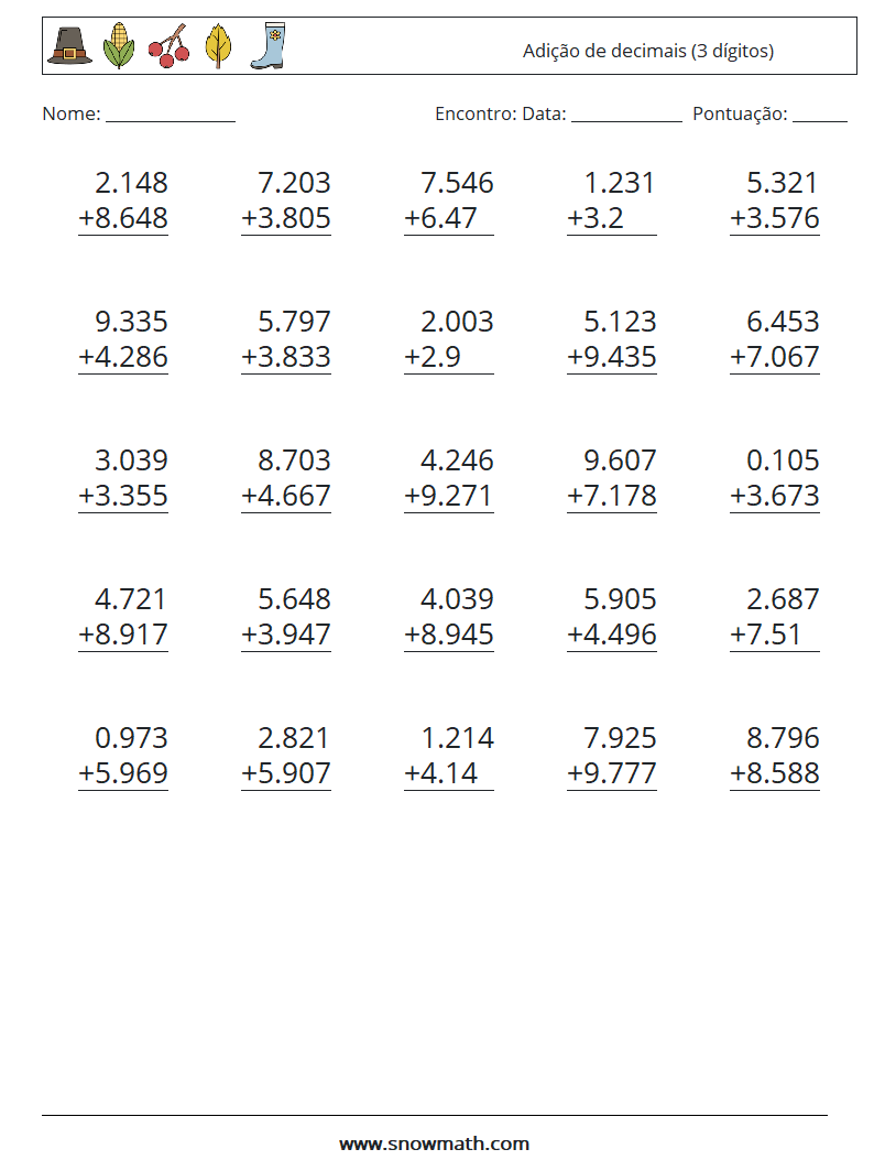 (25) Adição de decimais (3 dígitos) planilhas matemáticas 5