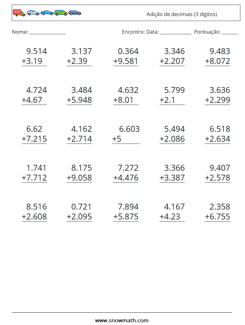 (25) Adição de decimais (3 dígitos) planilhas matemáticas 6