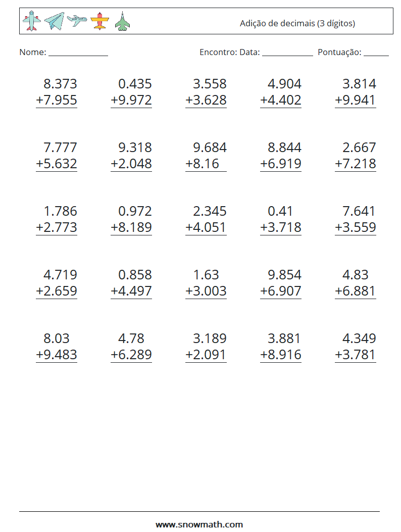 (25) Adição de decimais (3 dígitos) planilhas matemáticas 7