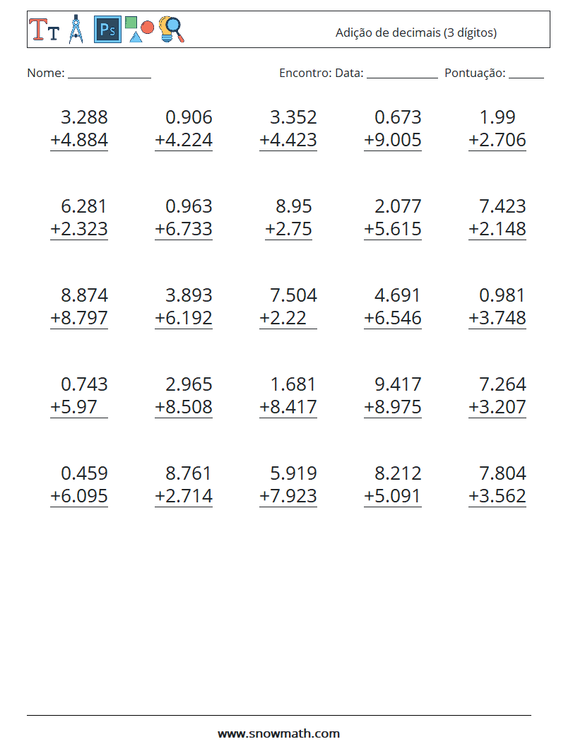 (25) Adição de decimais (3 dígitos) planilhas matemáticas 8