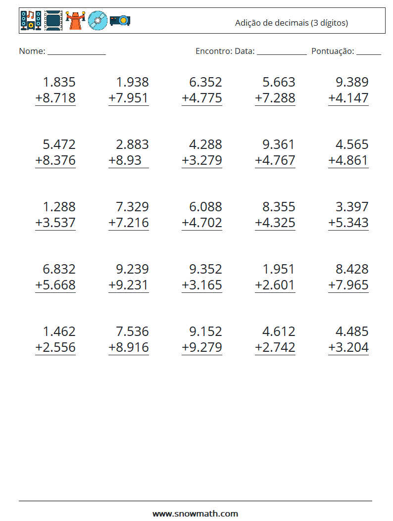 (25) Adição de decimais (3 dígitos) planilhas matemáticas 9