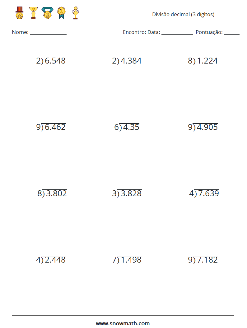 (12) Divisão decimal (3 dígitos) planilhas matemáticas 10