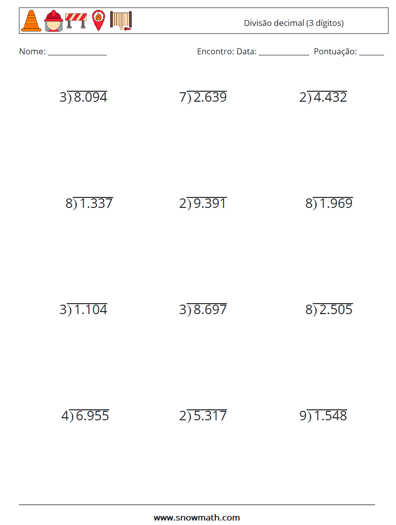 (12) Divisão decimal (3 dígitos) planilhas matemáticas 13