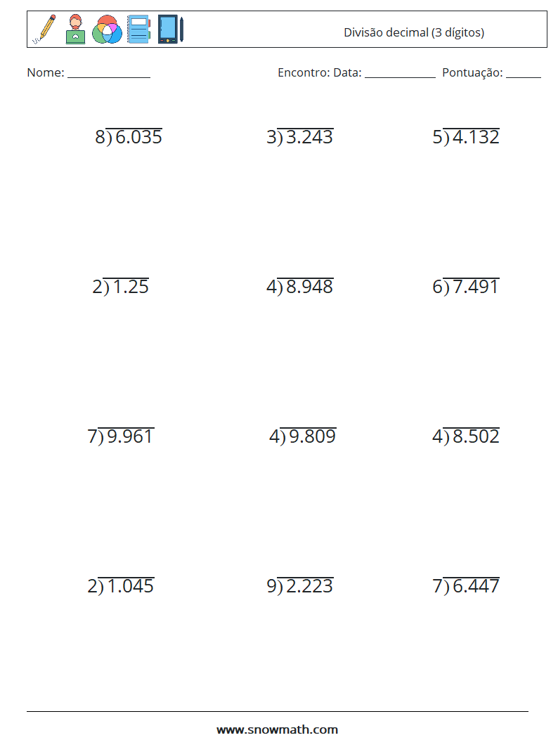 (12) Divisão decimal (3 dígitos) planilhas matemáticas 14