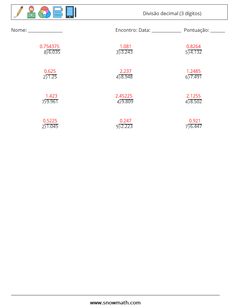 (12) Divisão decimal (3 dígitos) planilhas matemáticas 14 Pergunta, Resposta