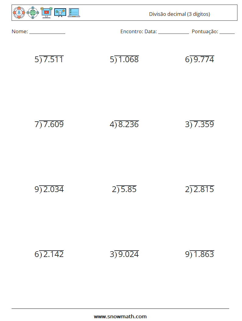 (12) Divisão decimal (3 dígitos) planilhas matemáticas 18