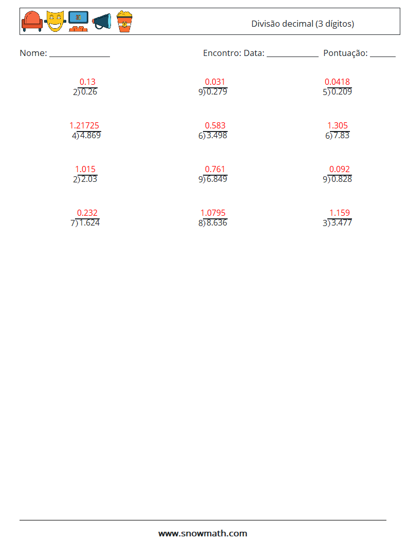 (12) Divisão decimal (3 dígitos) planilhas matemáticas 2 Pergunta, Resposta