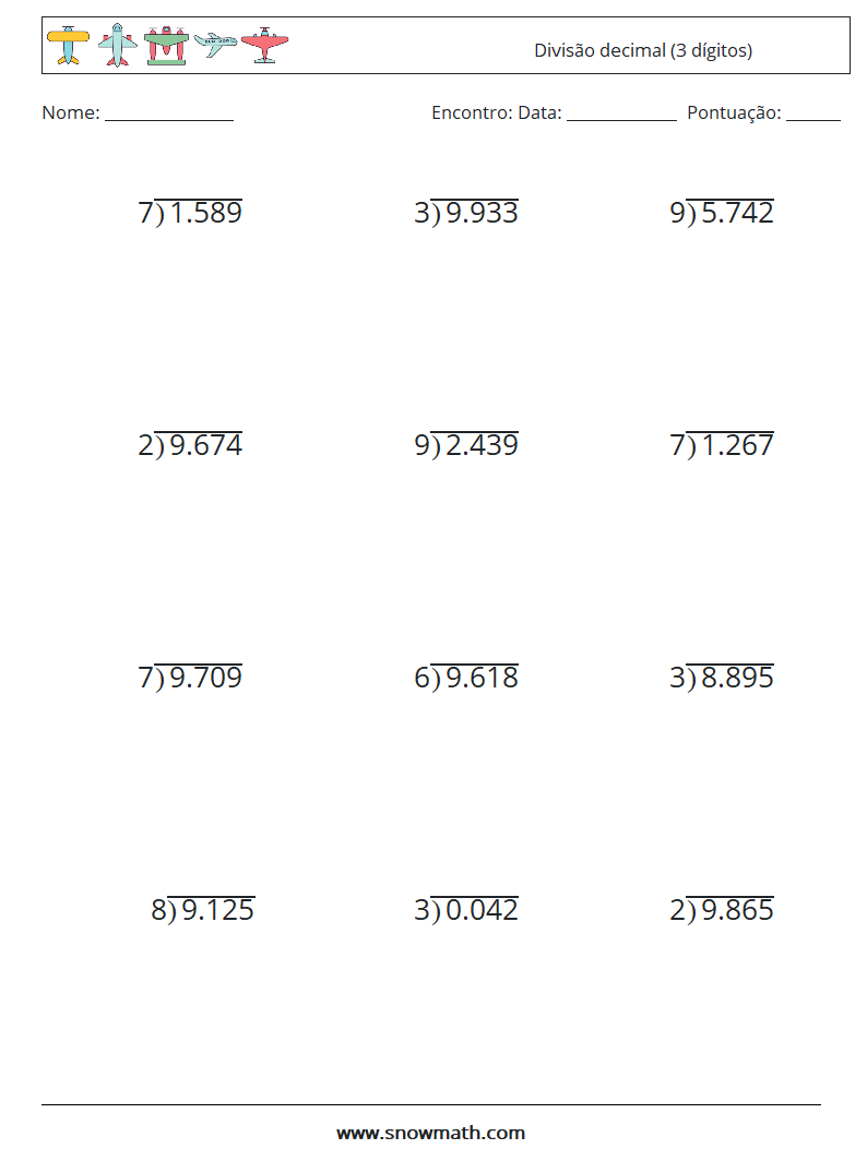 (12) Divisão decimal (3 dígitos) planilhas matemáticas 7