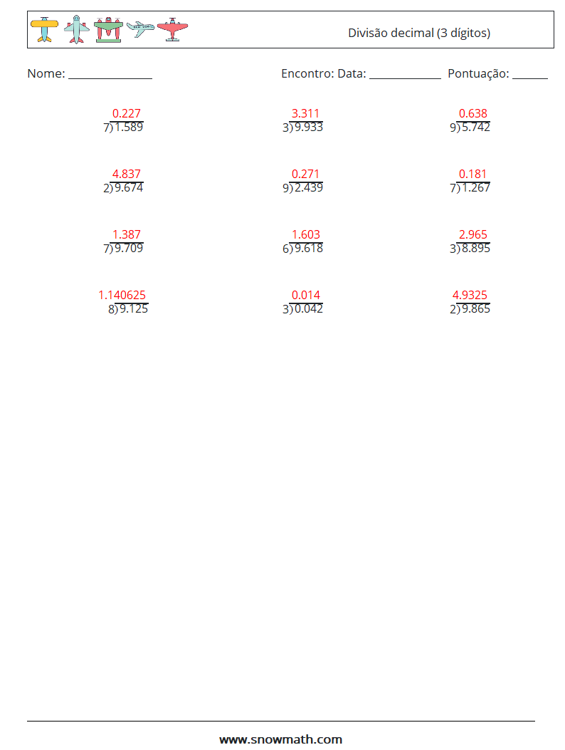 (12) Divisão decimal (3 dígitos) planilhas matemáticas 7 Pergunta, Resposta