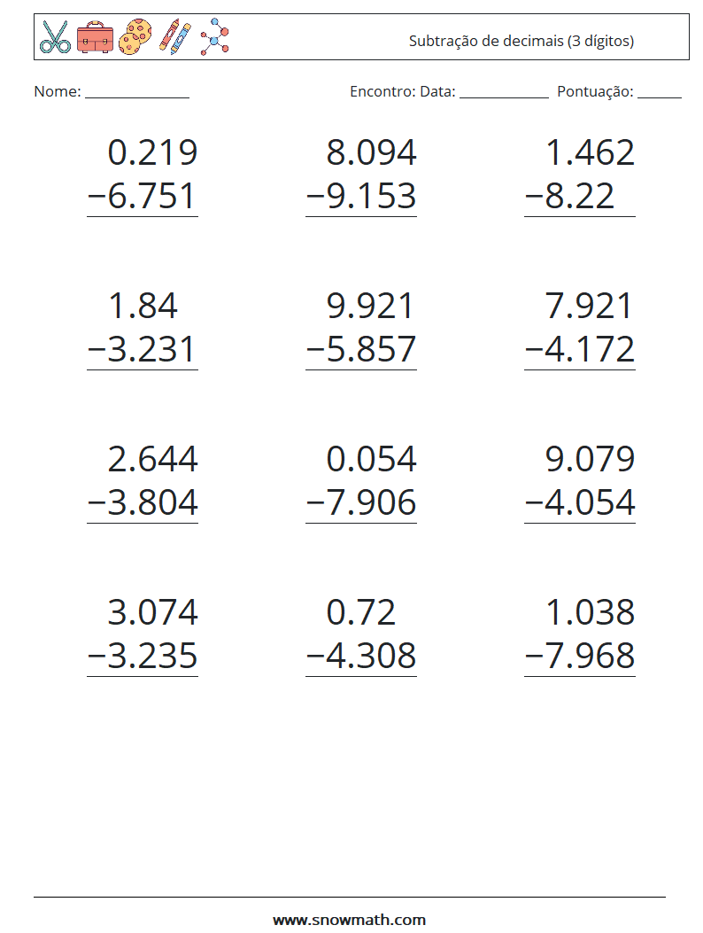 (12) Subtração de decimais (3 dígitos) planilhas matemáticas 1